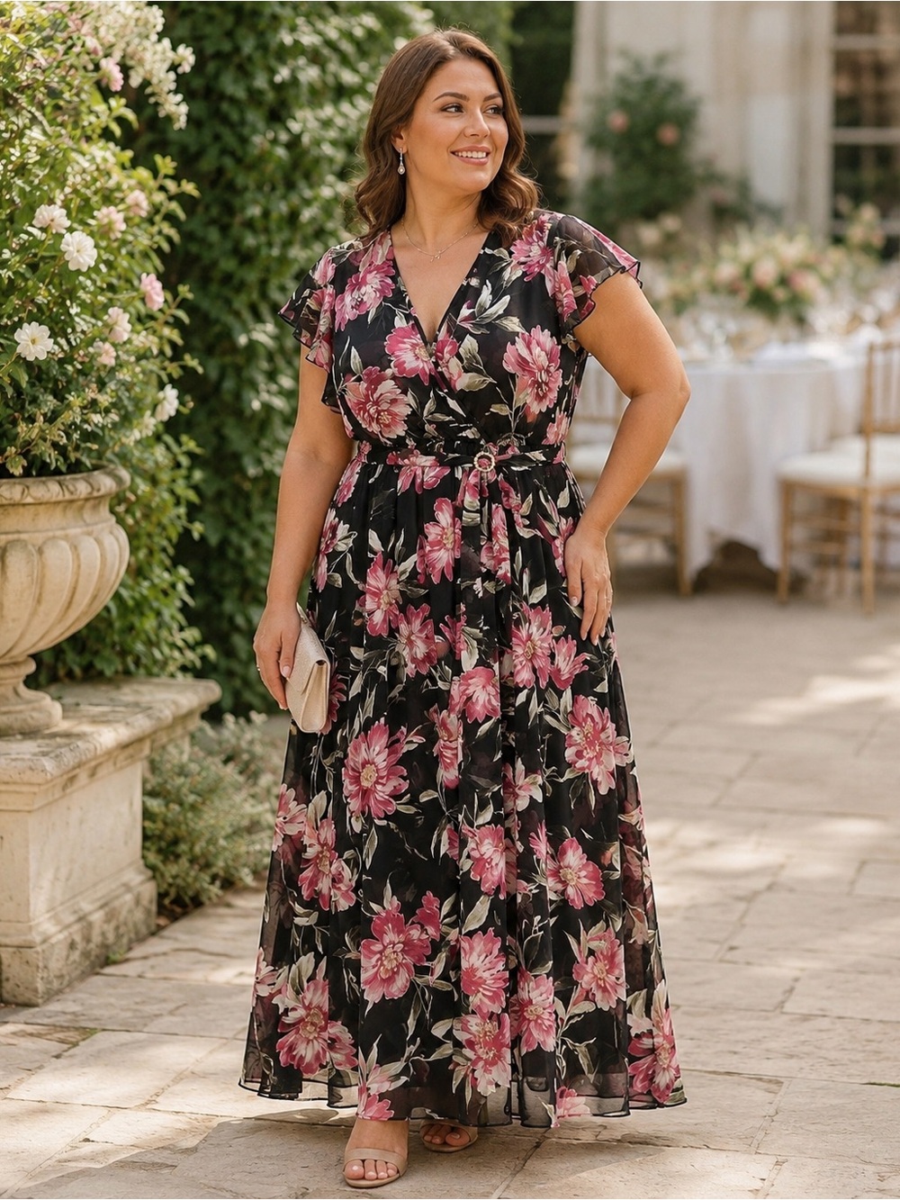 Alexa B Nites 16W Black Pink Floral Chiffon Maxi Dress Belted